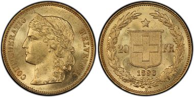 1896 B 20 Fr KM-31.3  Au MS64