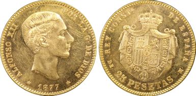 1877-DE M 25 Pta (1877) KM-673  Au MS64