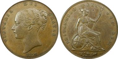 1857 1D S-3948 Plain Trident AU58BN