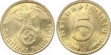 1938-D 5 Pfg J-363 MS65