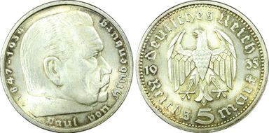 1935-A 5 Mk Hindenburg J-360 MS64