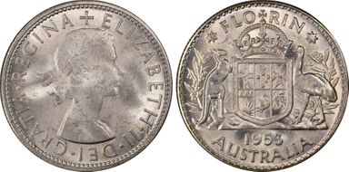 1953(m) Florin Small Rev. Denticles KM-54  Ag MS64