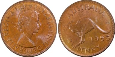 1955 Y. (p) 1D Melbourne obverse MS65RB