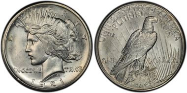 1921 $1 High Relief, Peace MS64