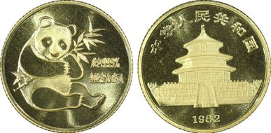 1982 1/10 oz Panda Au Medal Short Leaf PAN-5A MS69