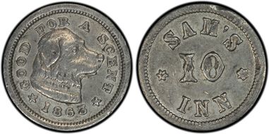 1863 Token F-115F-1e White Metal PE Sam's Inn AU53