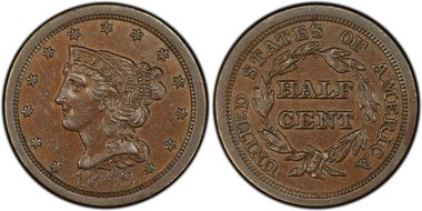1849 1/2C AU58BN