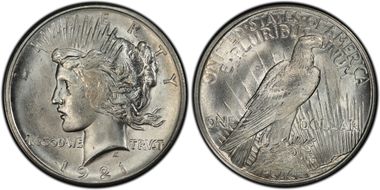 1921 $1 High Relief, Peace MS65