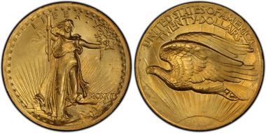 1907 $20 High Relief, Wire Edge MS65