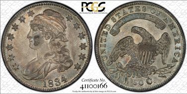 1834 50C O-107 Lg Date, Sm Letters AU58