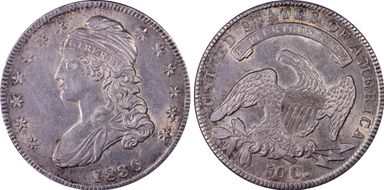 1836 50C O-120 Bar Dot, Lettered Edge AU55