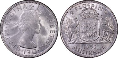 1953(m) Florin Small Rev. Denticles KM-54  Ag MS65