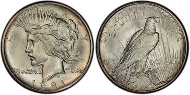 1921 $1 High Relief, Peace MS65+