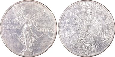 1921-Mo 2 Peso Centennial, 9 Tail F. KM-462  Ag AU53
