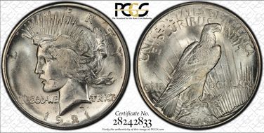 1921 $1 High Relief, Peace MS65