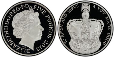 2013 £5 S-L25 Queen's Coronation Ag Piedfort PR69DCAM