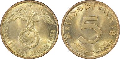 1938-D 5 Pfg J-363 MS66