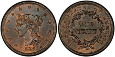 1842 1C N-3, Large Date MS65+ BN