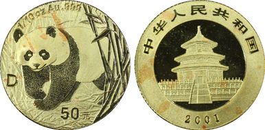 2001-D 50 Yn Panda Gold PAN-344A MS68