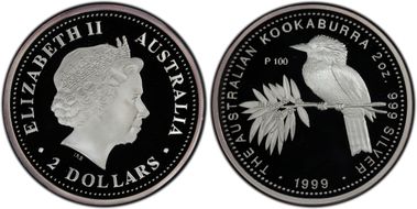 1999-P100 $2 Kookaburra 2oz Ag PR69DCAM