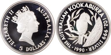 1990-P $5 Kookaburra Ag PR69DCAM
