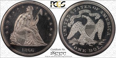 1866 $1 Motto PR62CAM