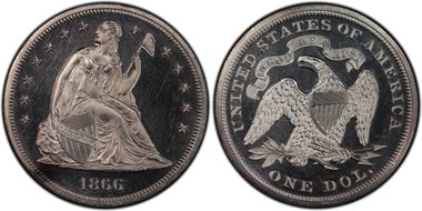 1866 $1 Motto PR62CAM