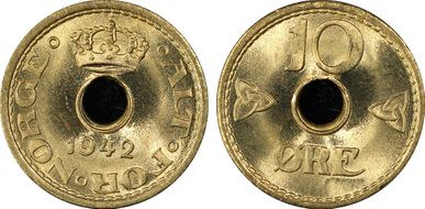 1942 10 Øre KM-391 Ni-Brass MS67