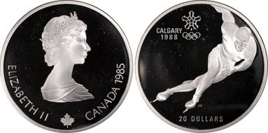 1985 $20 Speed Skating Plain Edge PR65DCAM