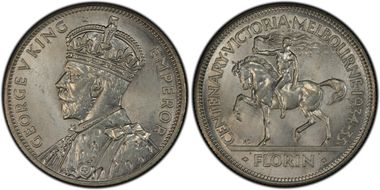 1934-35 Florin Centennial KM-33  Ag MS65