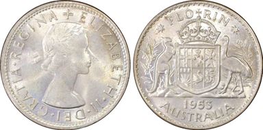 1953(m) Florin Small Rev. Denticles KM-54  Ag MS63
