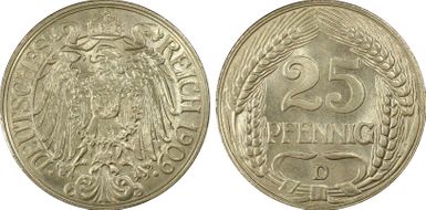 1909-D 25 Pfg J-18 MS66