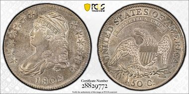 1809 50C Overton 108, III Edge AU53