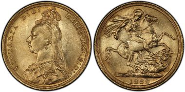 1889-S Sov S-3868B DISH S12 2nd Obverse AU58