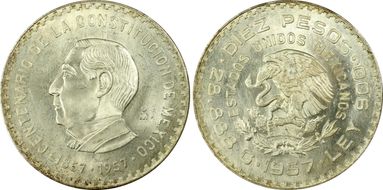 1957-Mo 10 Peso 100 Years - Constitution KM-475  Ag MS65