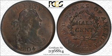 1804 1/2C Plain 4, No Stems MS63BN