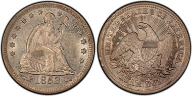 1853-O 25C Arrows and Rays AU58