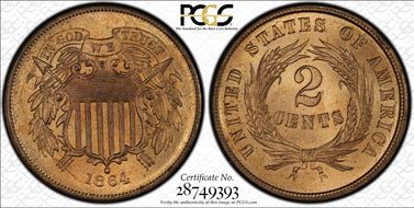 1864 2C Large Motto MS65+ RD