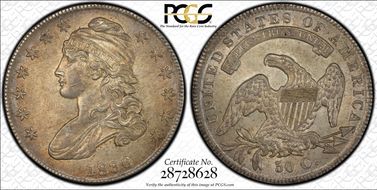 1836 50C Overton 112, Bar Dot AU58