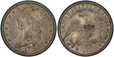 1838 25C Capped Bust AU53