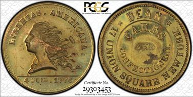 (1876) Token NY-NY 709B Brass Dean Cakes MS63
