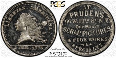 (1876) Token NY-NY 800 White Metal Pruden's MS64