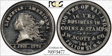 (1876) Token NY-NY 830 White Metal J.W. Scott & Co. MS63