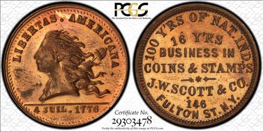 (1876) Token NY-NY 830A Copper J.W. Scott & Co. MS64RB