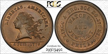 (1876) Token Pa-Ph 220B Copper Lingg & Bro. MS65BN
