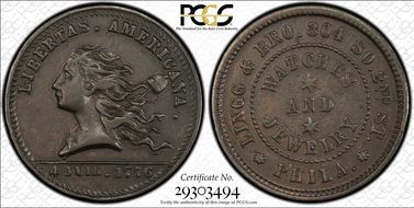 (1876) Token Pa-Ph 220B Copper Lingg & Bro. AU53BN