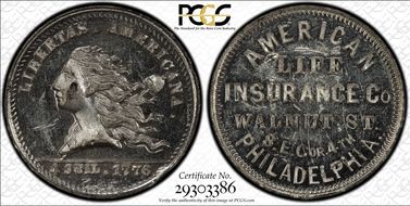 (1876) Token Pa-Ph 810 White Metal American Life Insurance Co. MS62