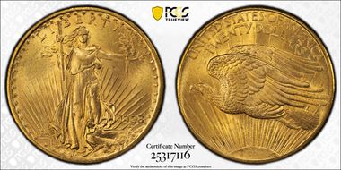 1908 $20 No Motto MS66