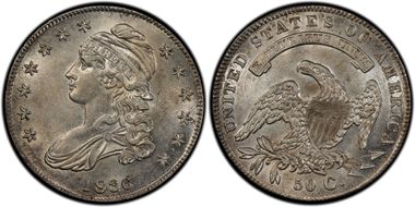 1836/1336 50C O-108a, Lettered Edge AU55