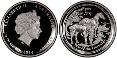 2014-P $1 Year of the Horse Ag High Relief First Strike PR70DCAM